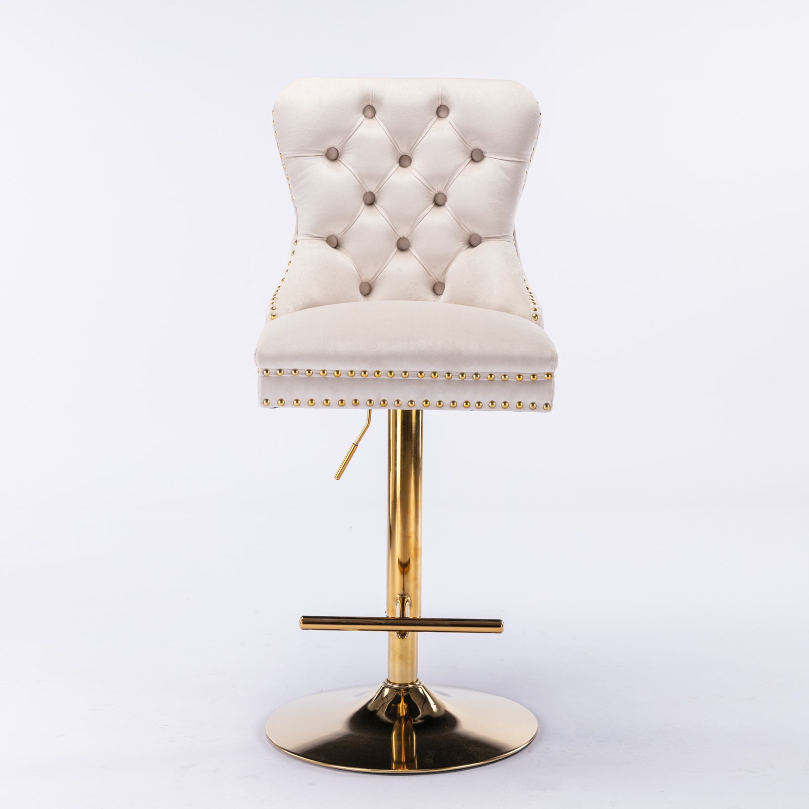 Cream velvet bar stool with tufted back and gold accents