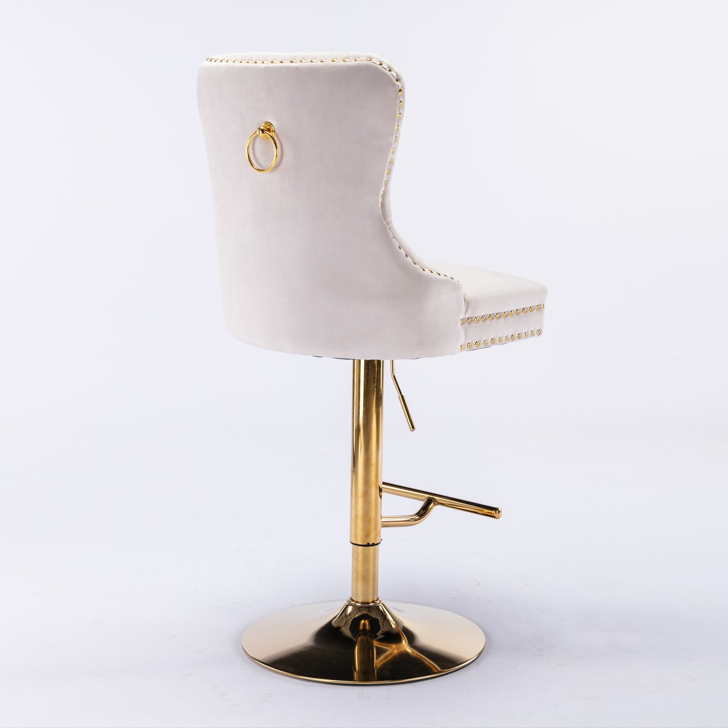 Beige velvet bar stool with gold ring detail and polished gold base