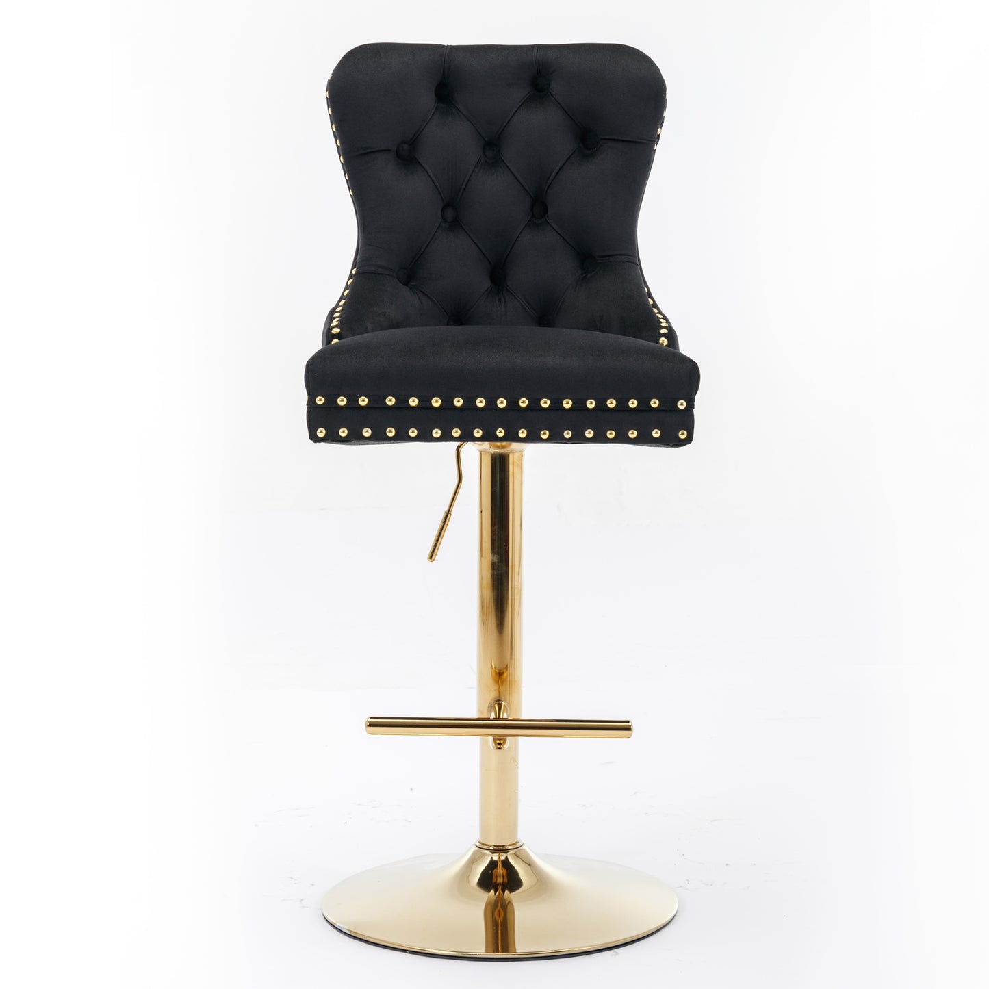 Black velvet bar stool with tufted back and gold nailhead trim