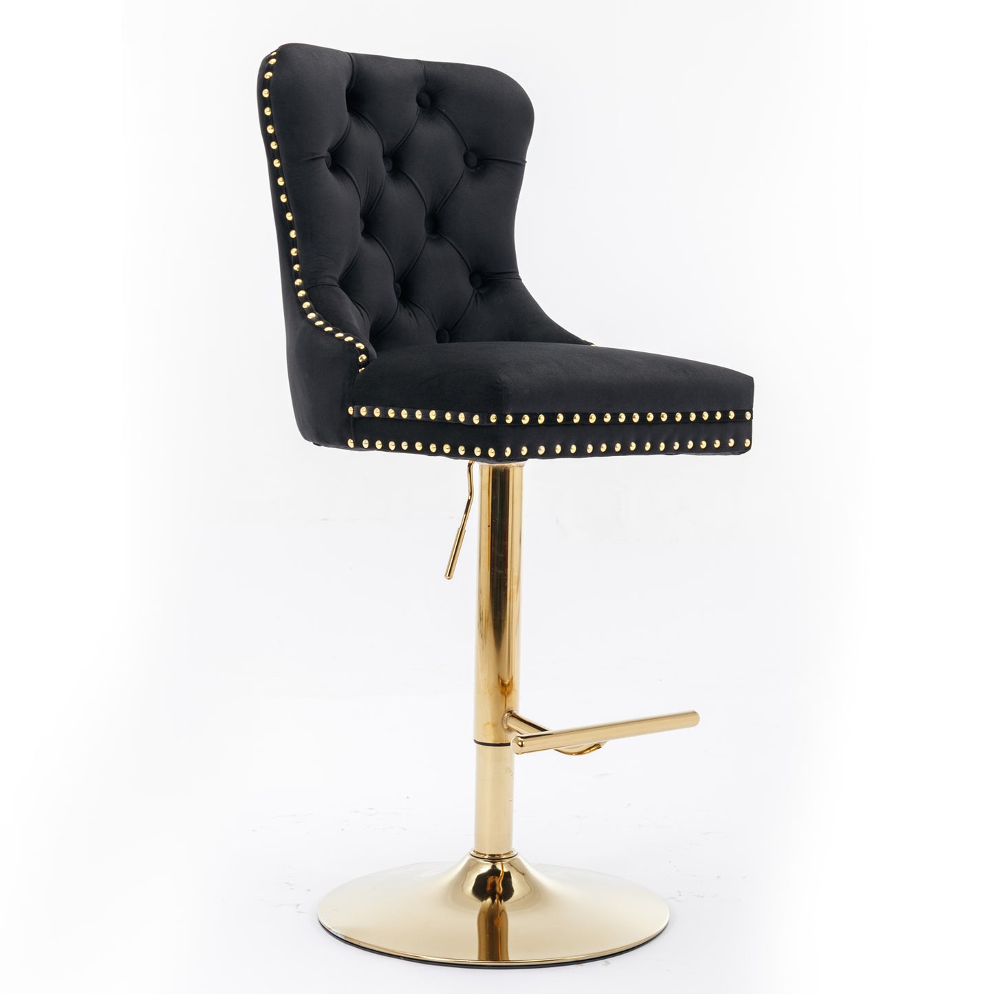 Black velvet tufted bar stool with gold nailhead trim and gold base