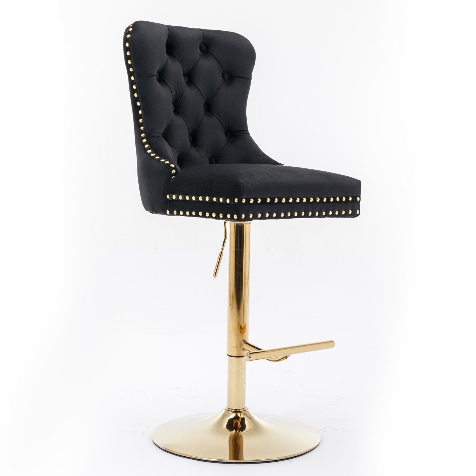 Black velvet tufted bar stool with gold nailhead trim and gold base
