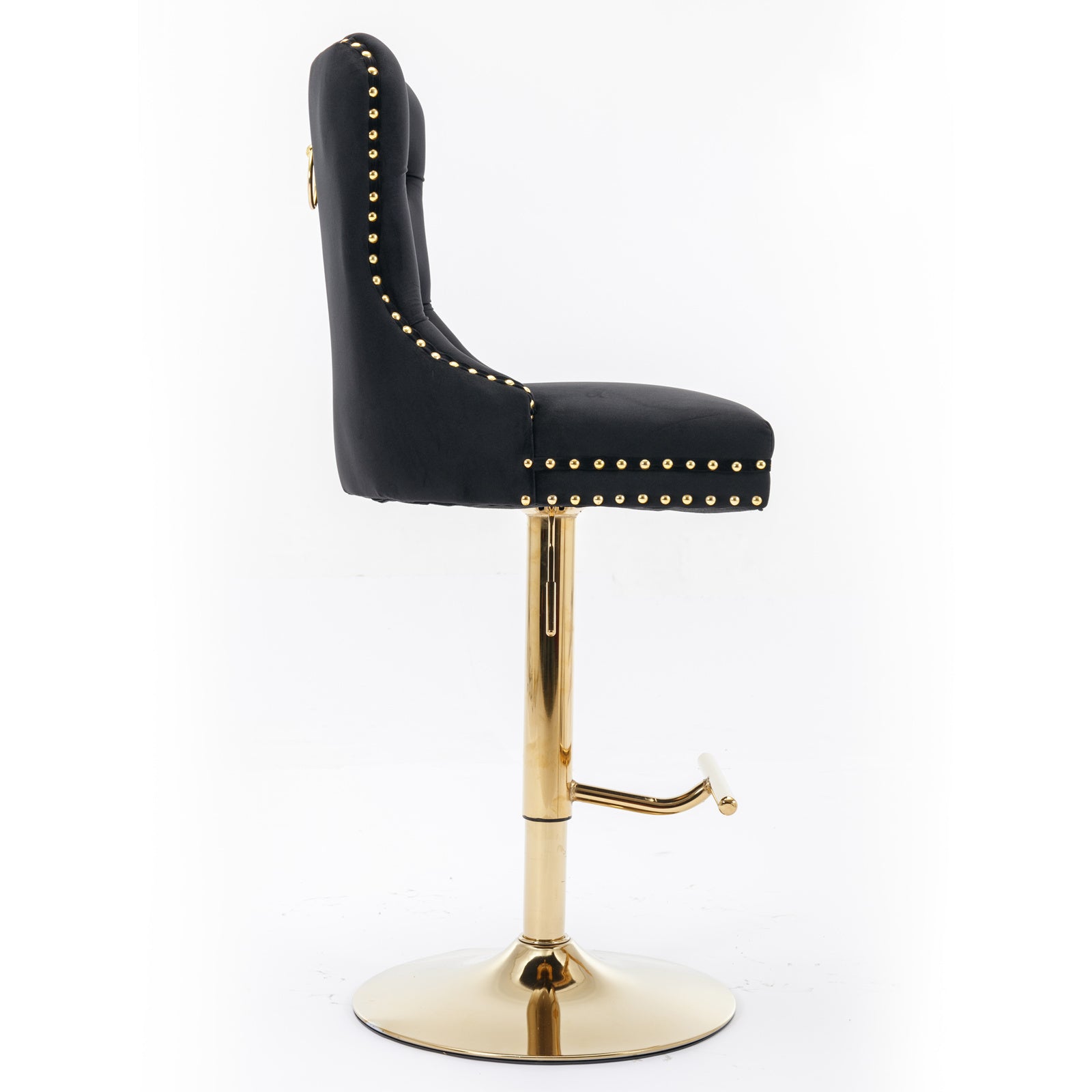 Black velvet tufted bar stool with gold nailhead trim and adjustable gold base