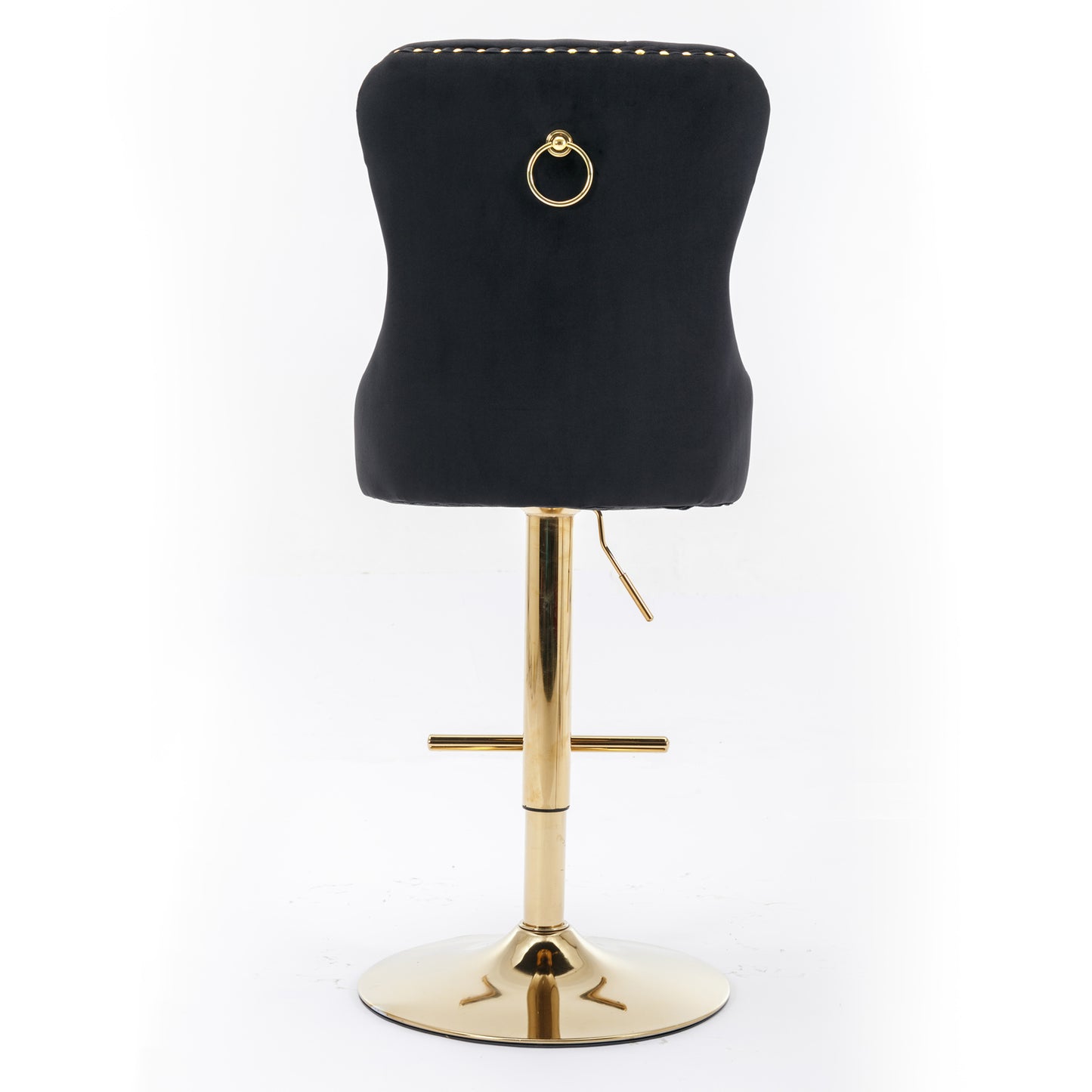 Black velvet bar stool with gold ring detail and adjustable gold base