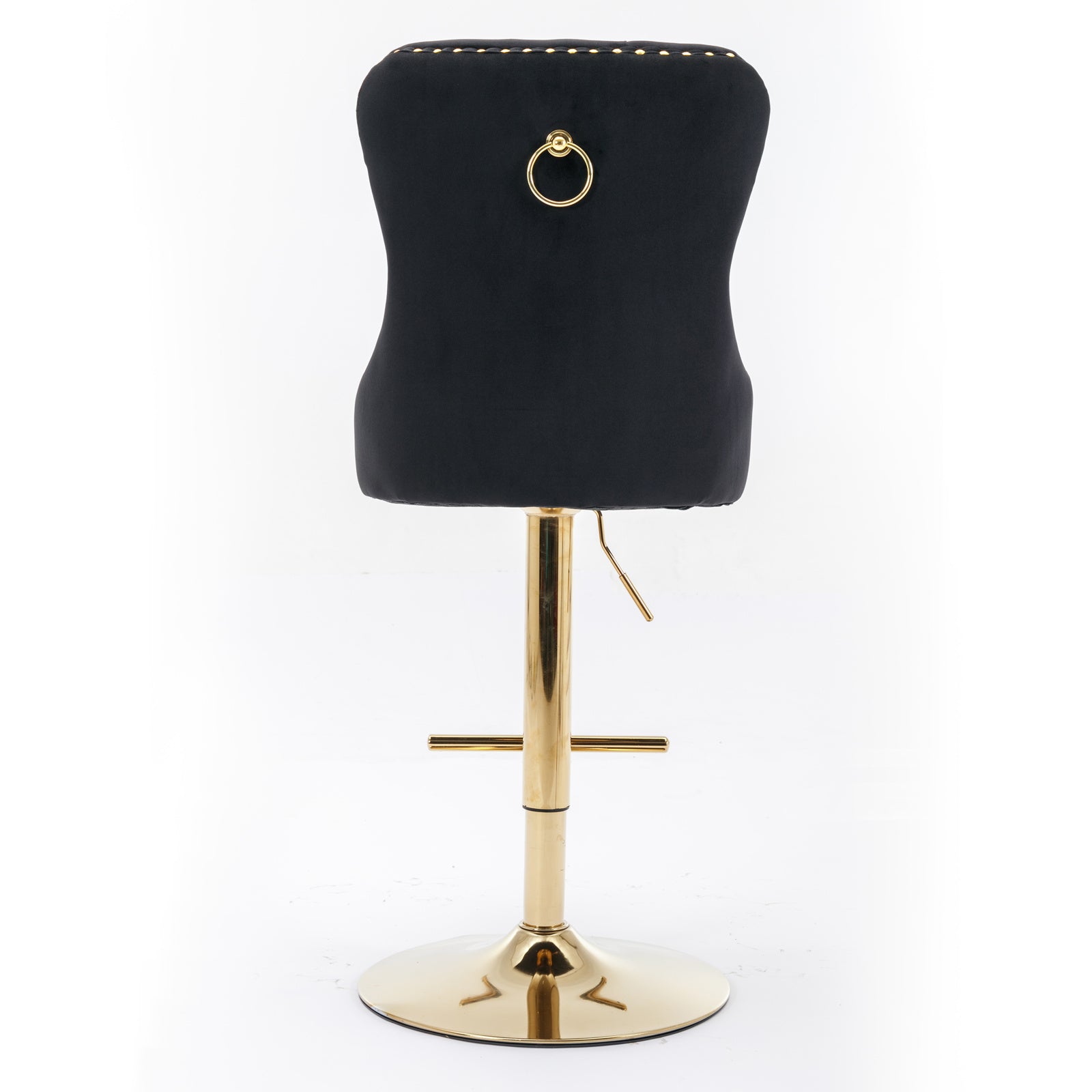 Black velvet bar stool with gold ring detail and adjustable gold base