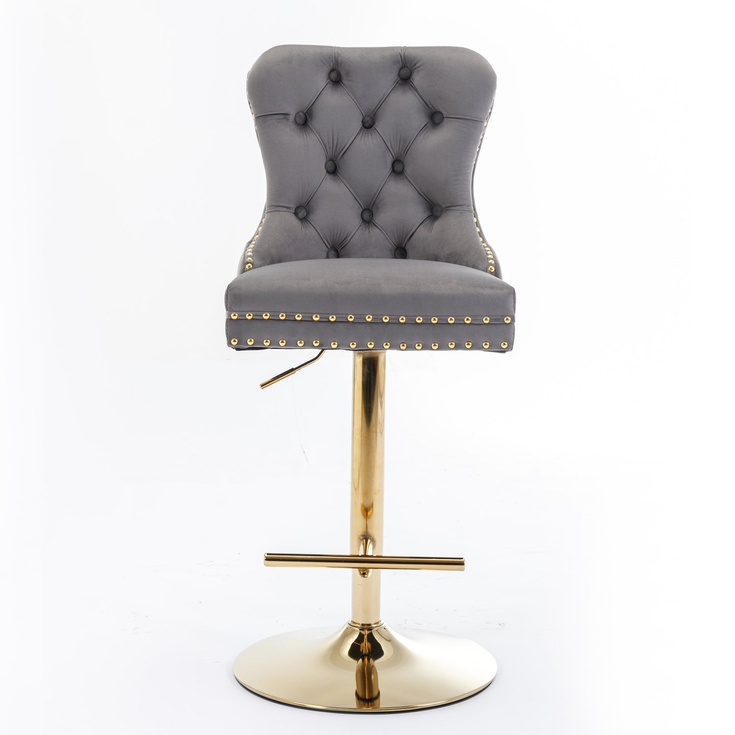Grey velvet tufted bar stool with gold hardware
