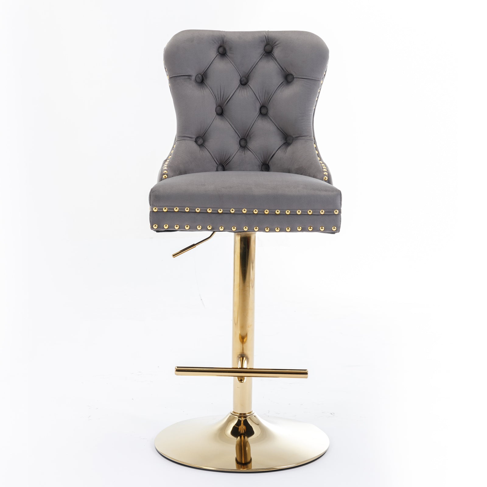 Grey velvet tufted bar stool with gold hardware