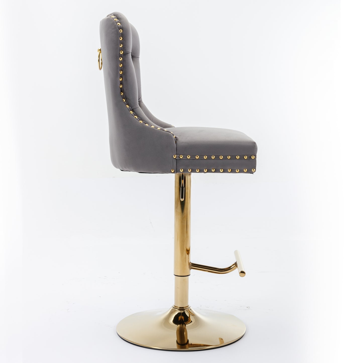 Grey velvet tufted bar stool with gold accents and ring pull