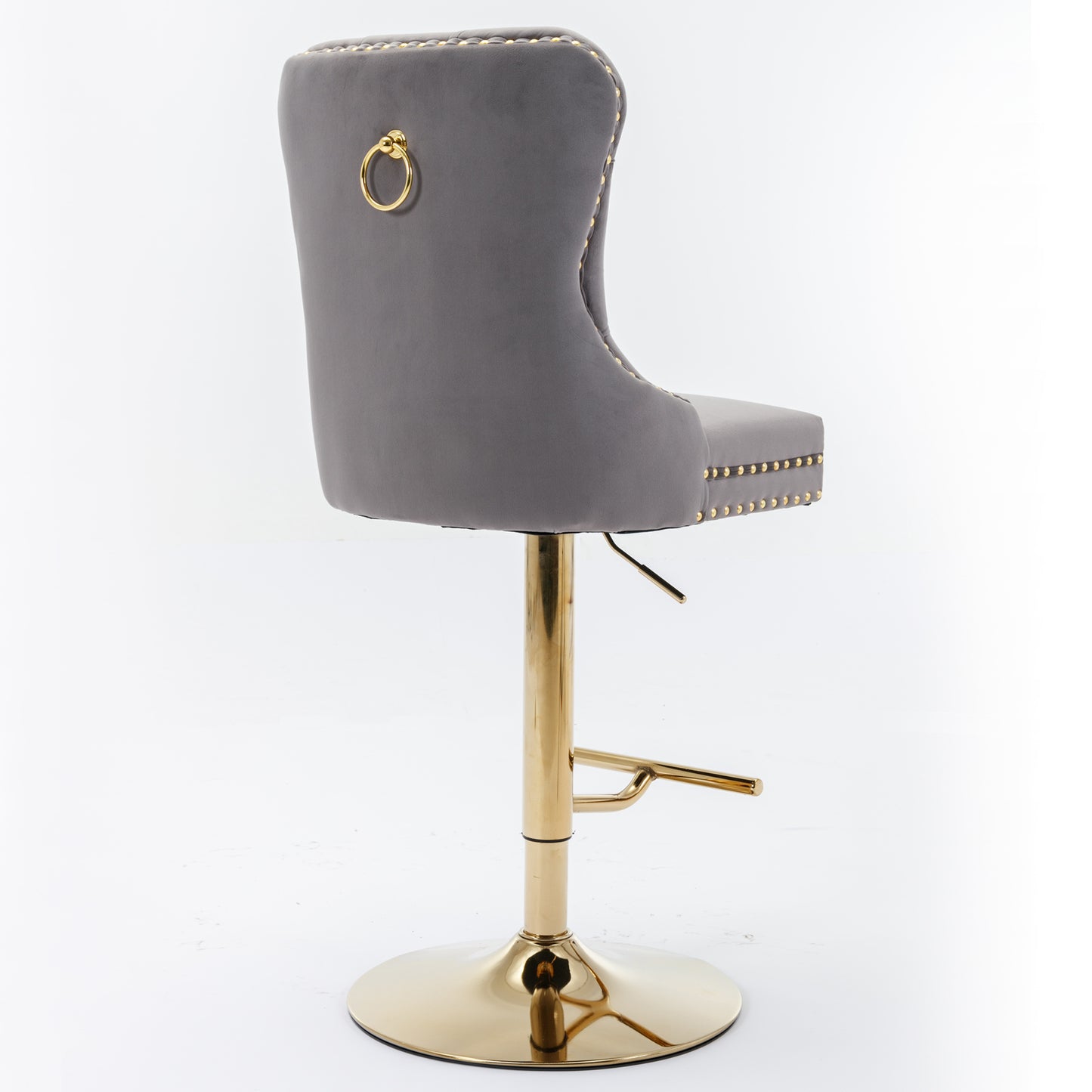 Gray velvet bar stool with gold ring accent and gold pedestal base