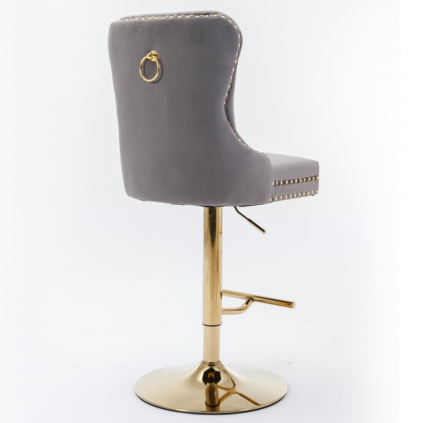 Gray velvet bar stool with gold ring accent and gold pedestal base