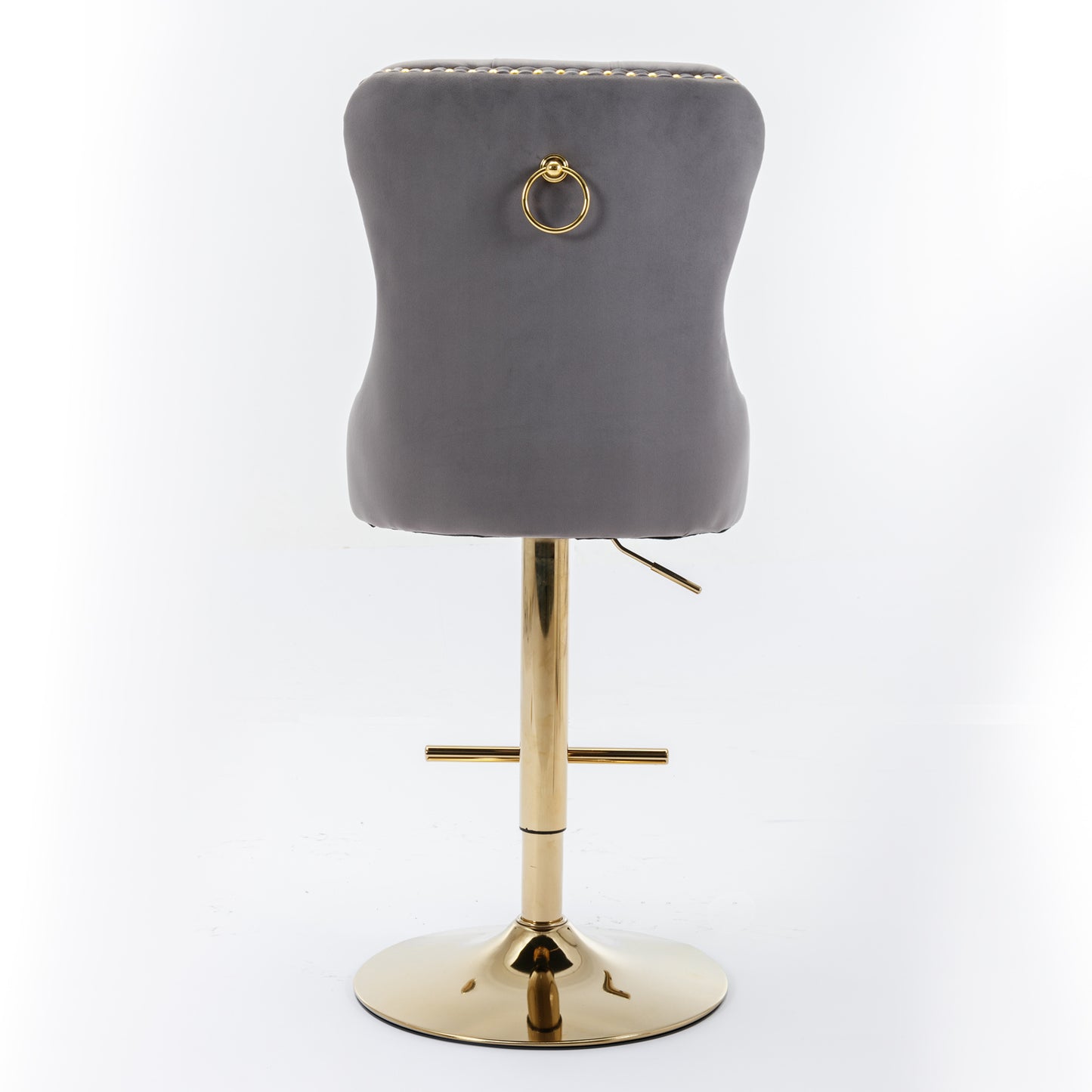 Grey velvet bar stool with gold ring accent and gold base
