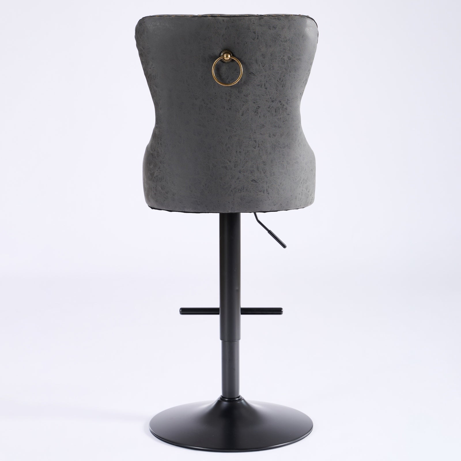 Grey upholstered bar stool with gold ring detail and adjustable height