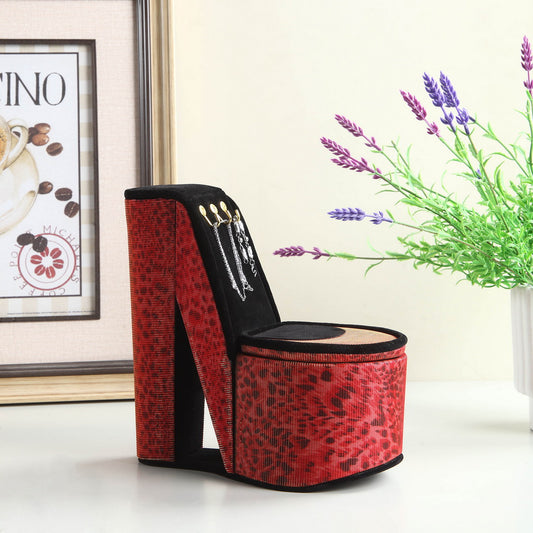 Red leopard print high heel shoe jewelry box with hanging necklaces
