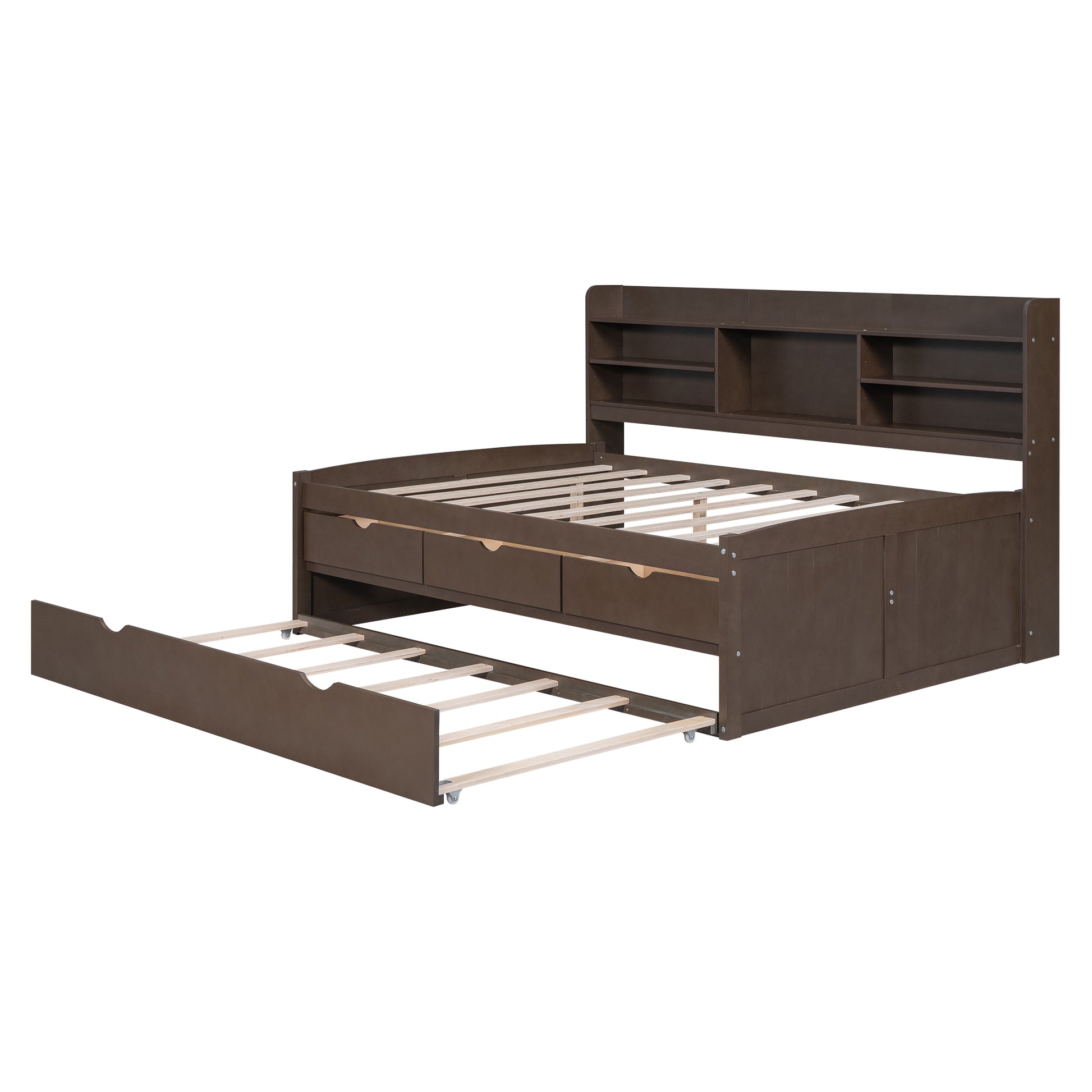 Dark brown wooden twin daybed with bookcase headboard and pullout trundle