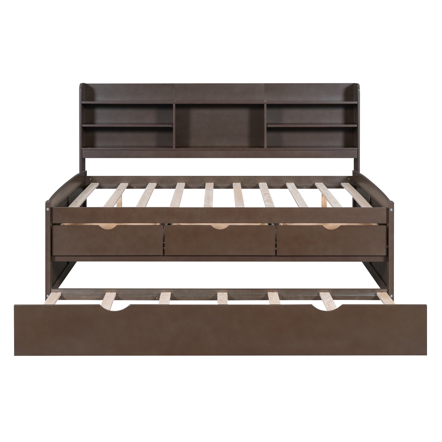Dark brown wooden bed frame with bookshelf headboard and three drawers