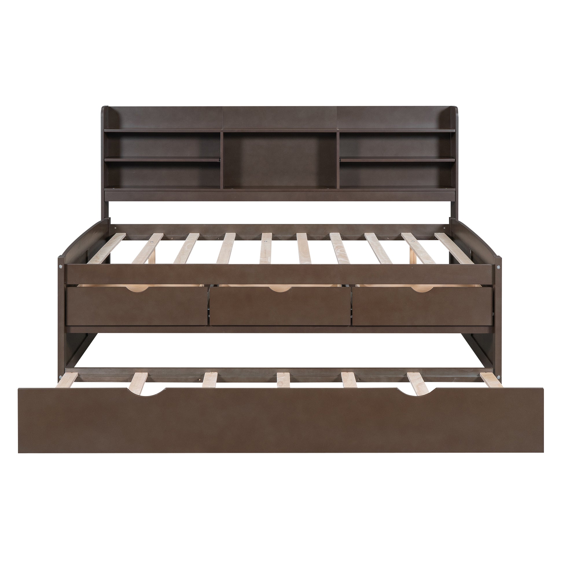 Dark brown wooden bed frame with bookshelf headboard and three drawers