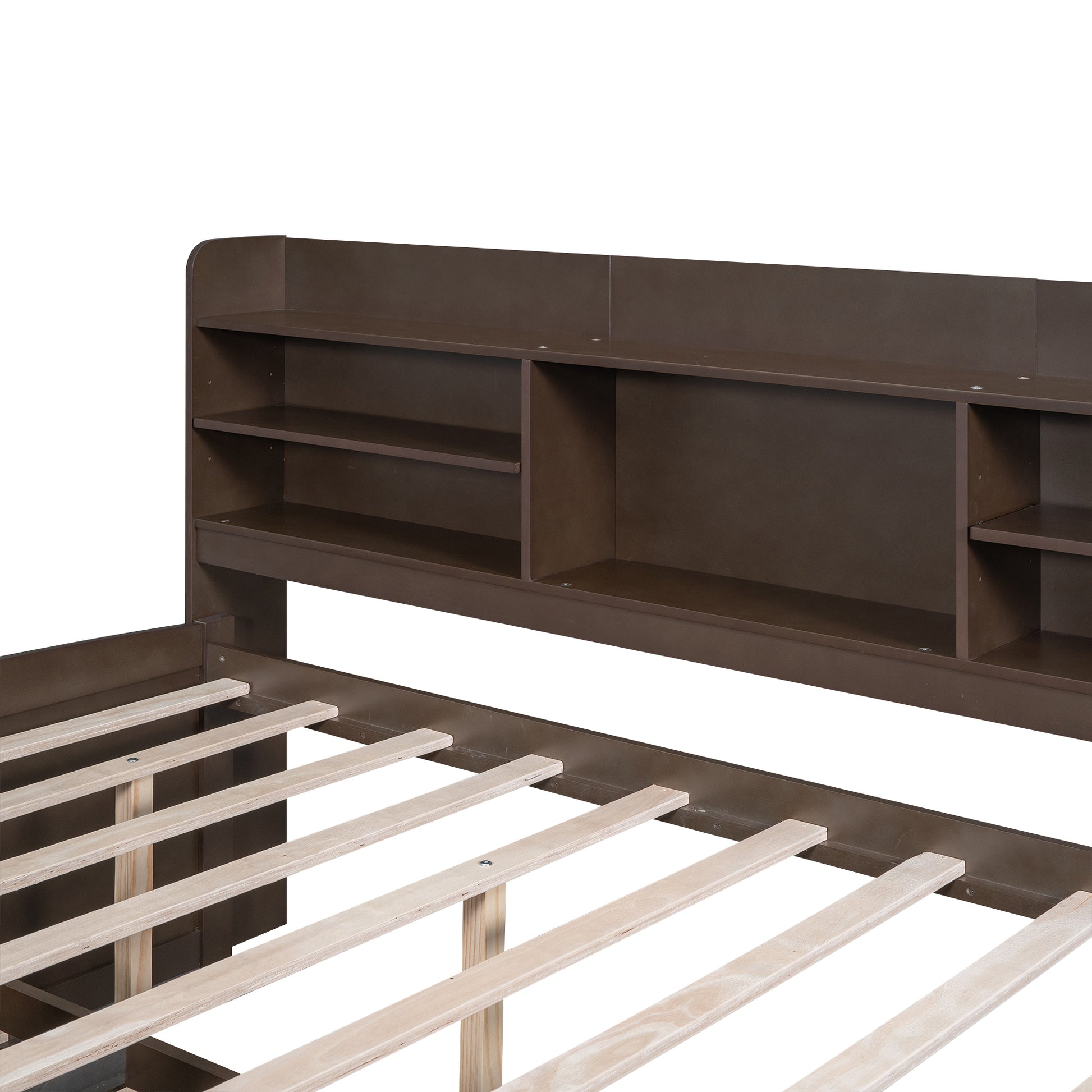 Dark brown wooden bed frame with multiple storage shelves in the headboard