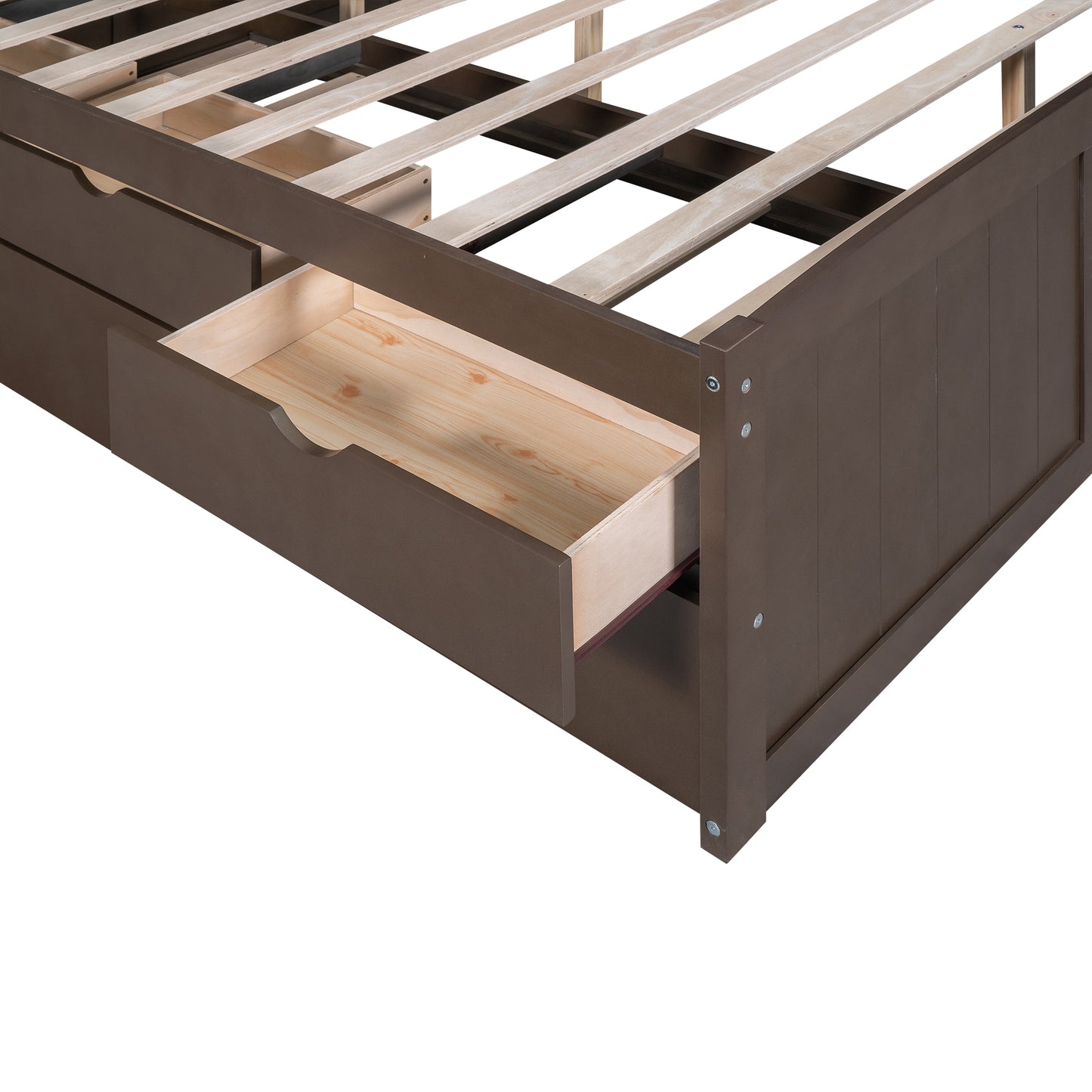 Brown wooden bed frame with open storage drawer