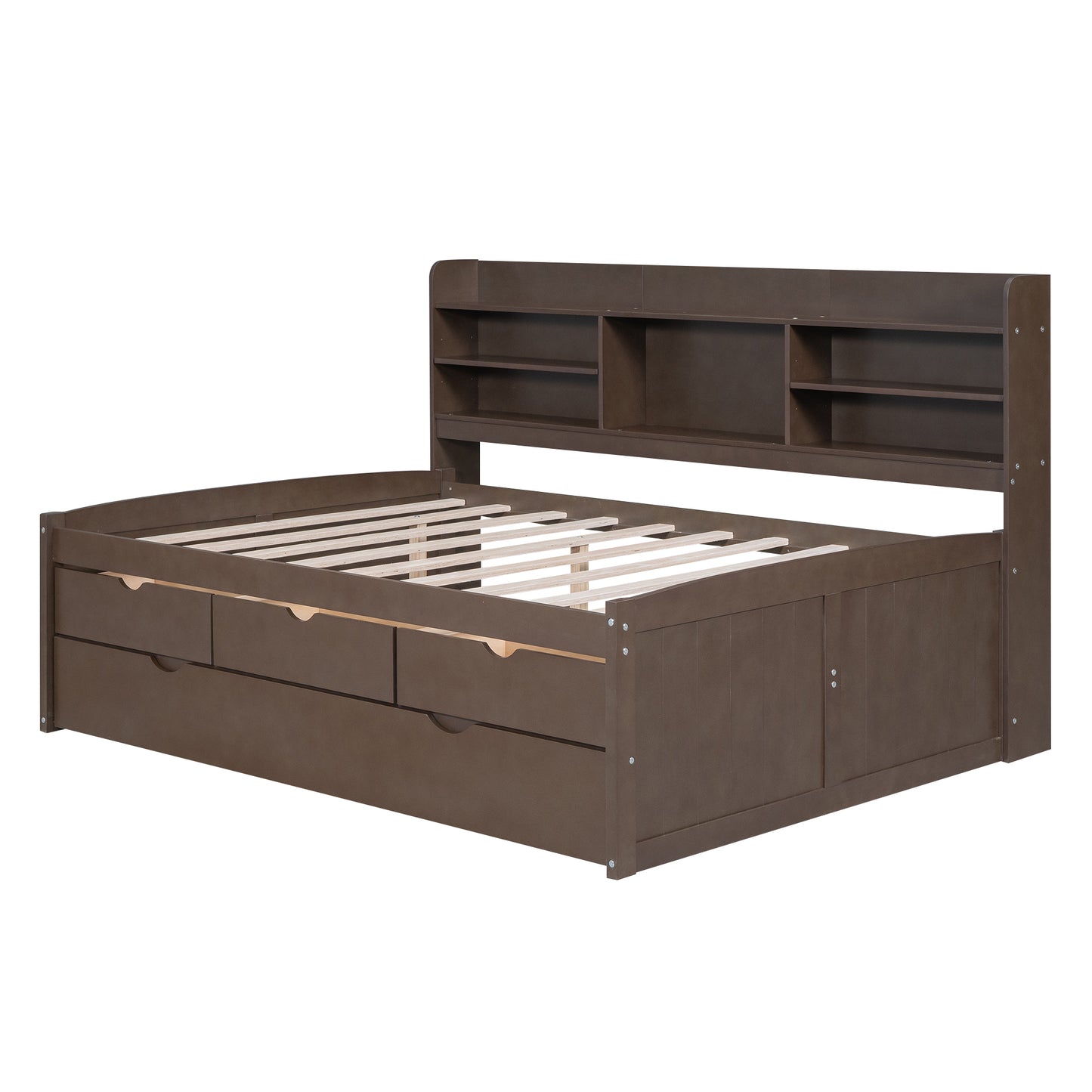 Dark brown wood bed frame with headboard bookshelf and storage drawers