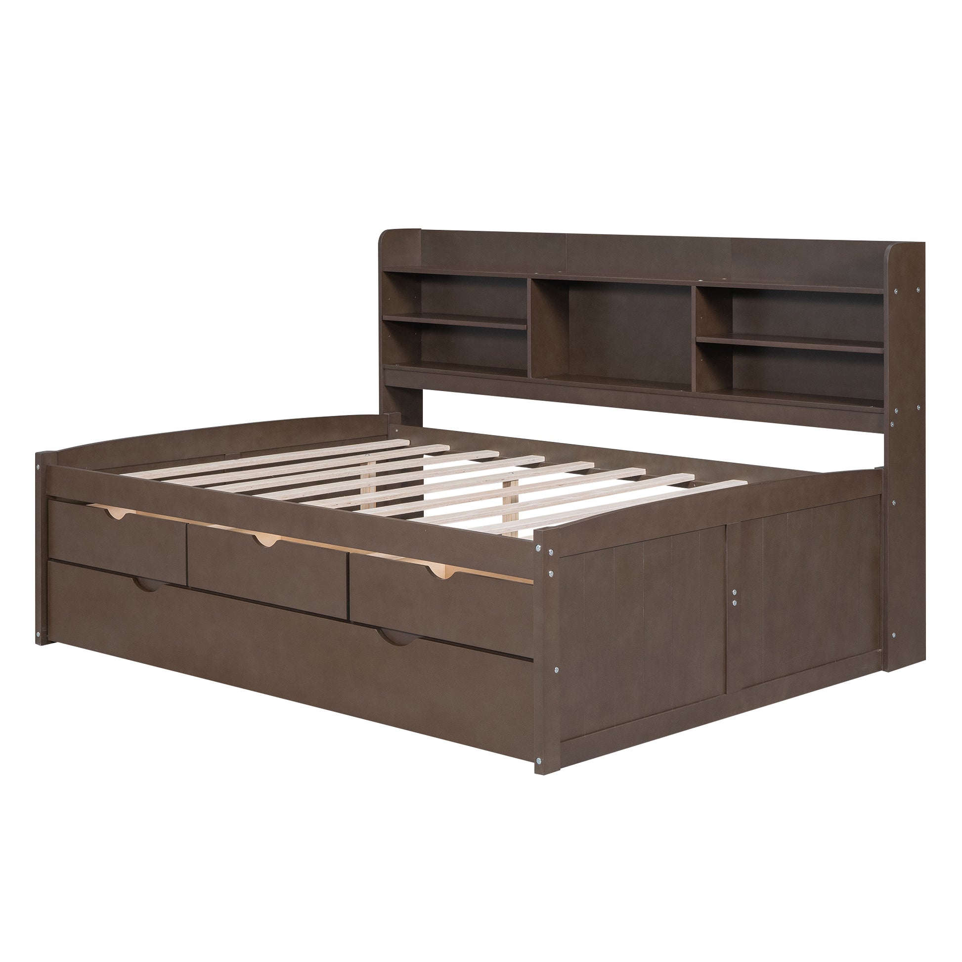 Dark brown wood bed frame with headboard bookshelf and storage drawers