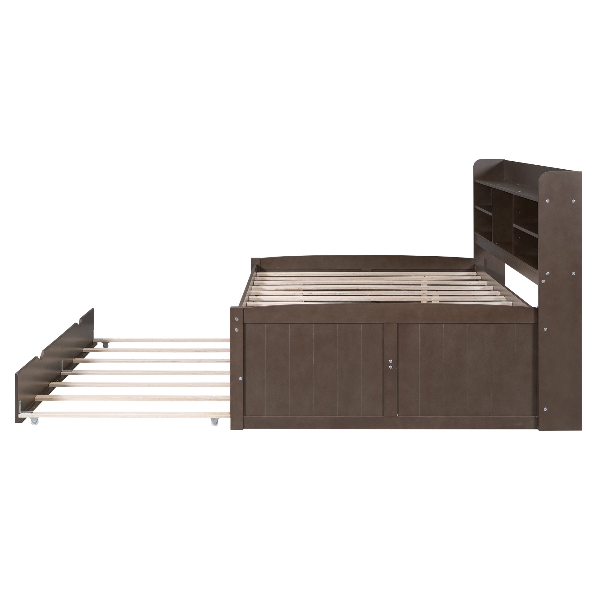 Dark brown wood twin bed with pullout trundle and bookshelf headboard