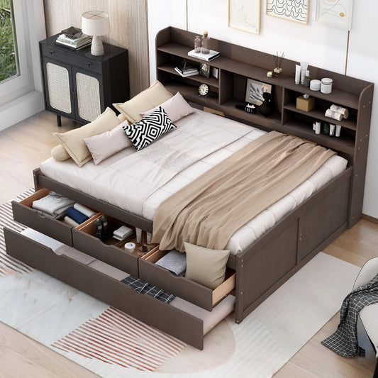 Dark wood platform bed with multiple drawers for storage