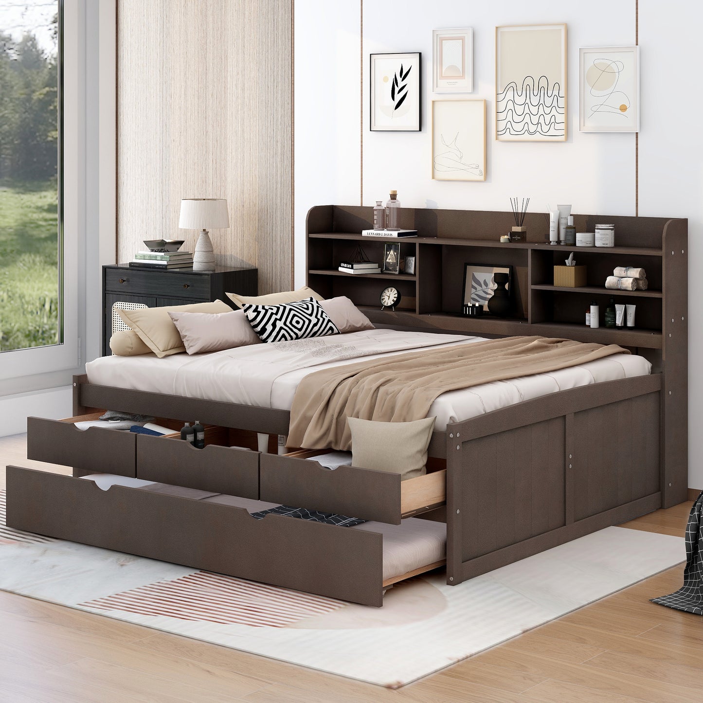 Dark brown wood daybed with drawers and builtin bookshelf