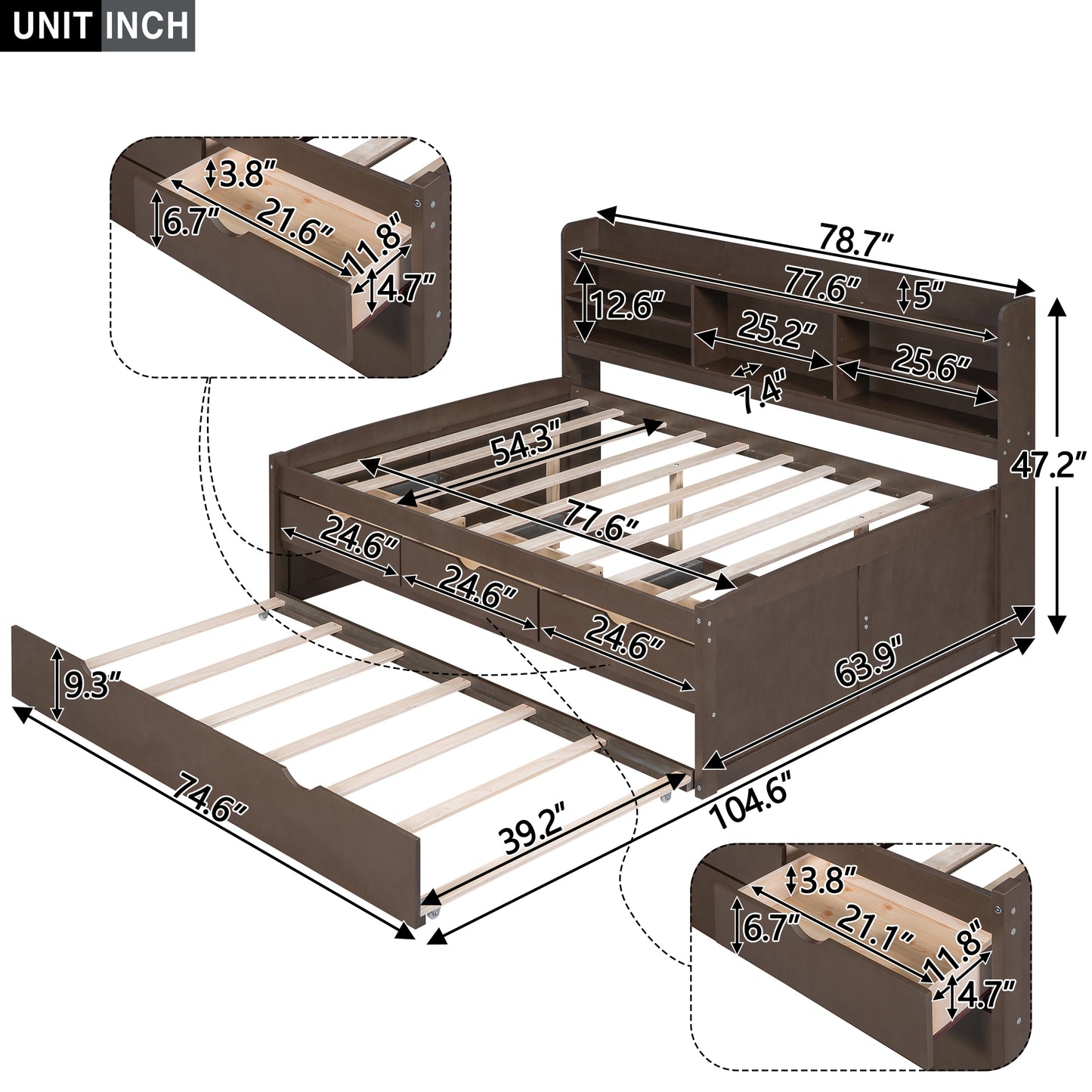 Brown wood bed frame with headboard shelves and pullout trundle