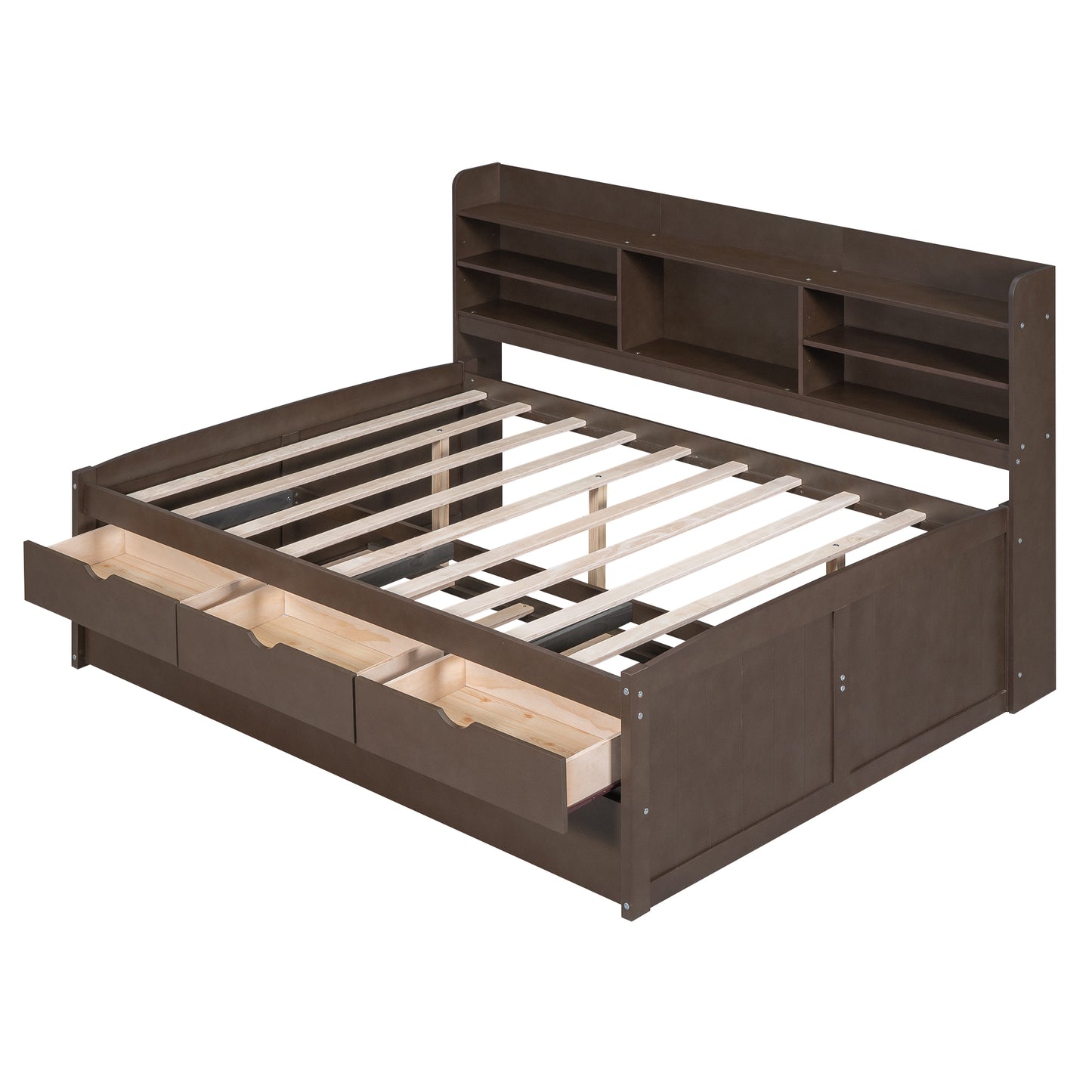 Dark brown platform bed frame with three drawers and a bookshelf headboard