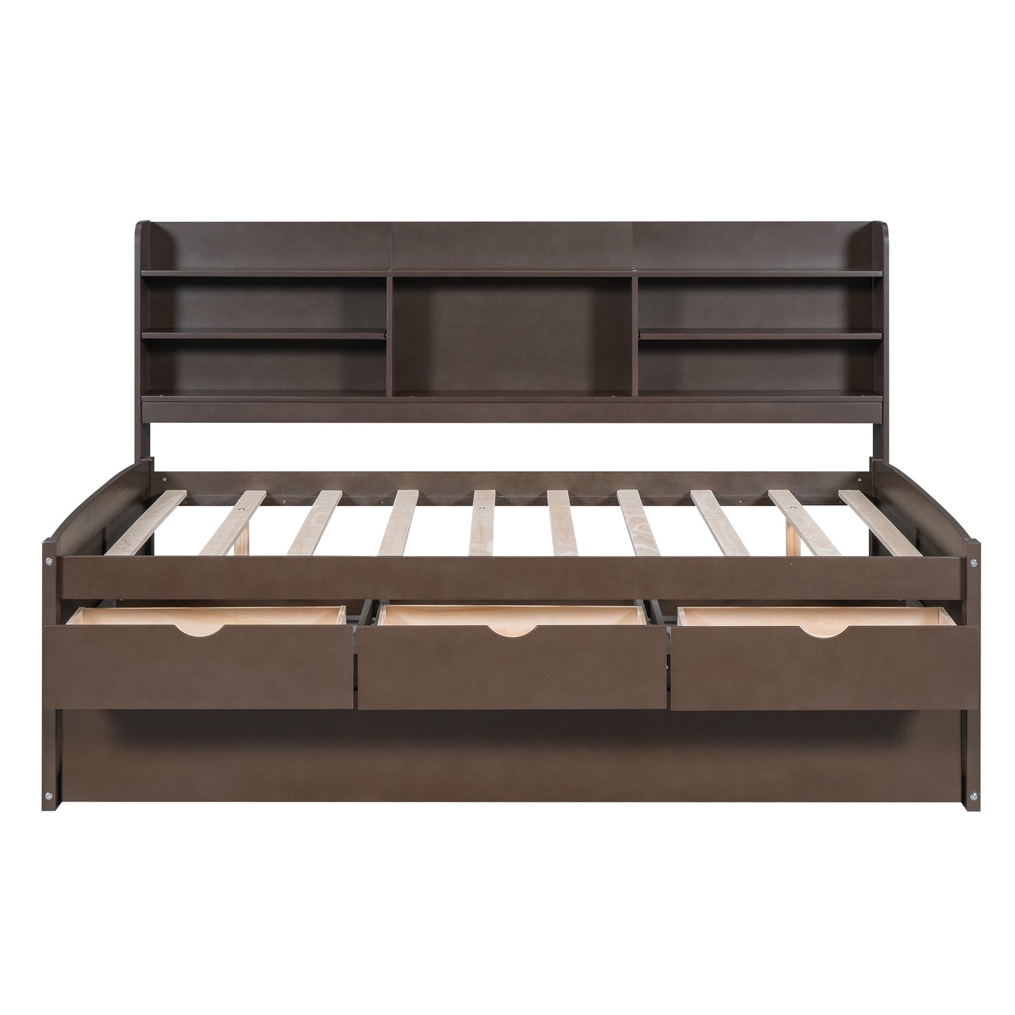 Dark brown wooden daybed with three storage drawers and builtin bookshelf headboard