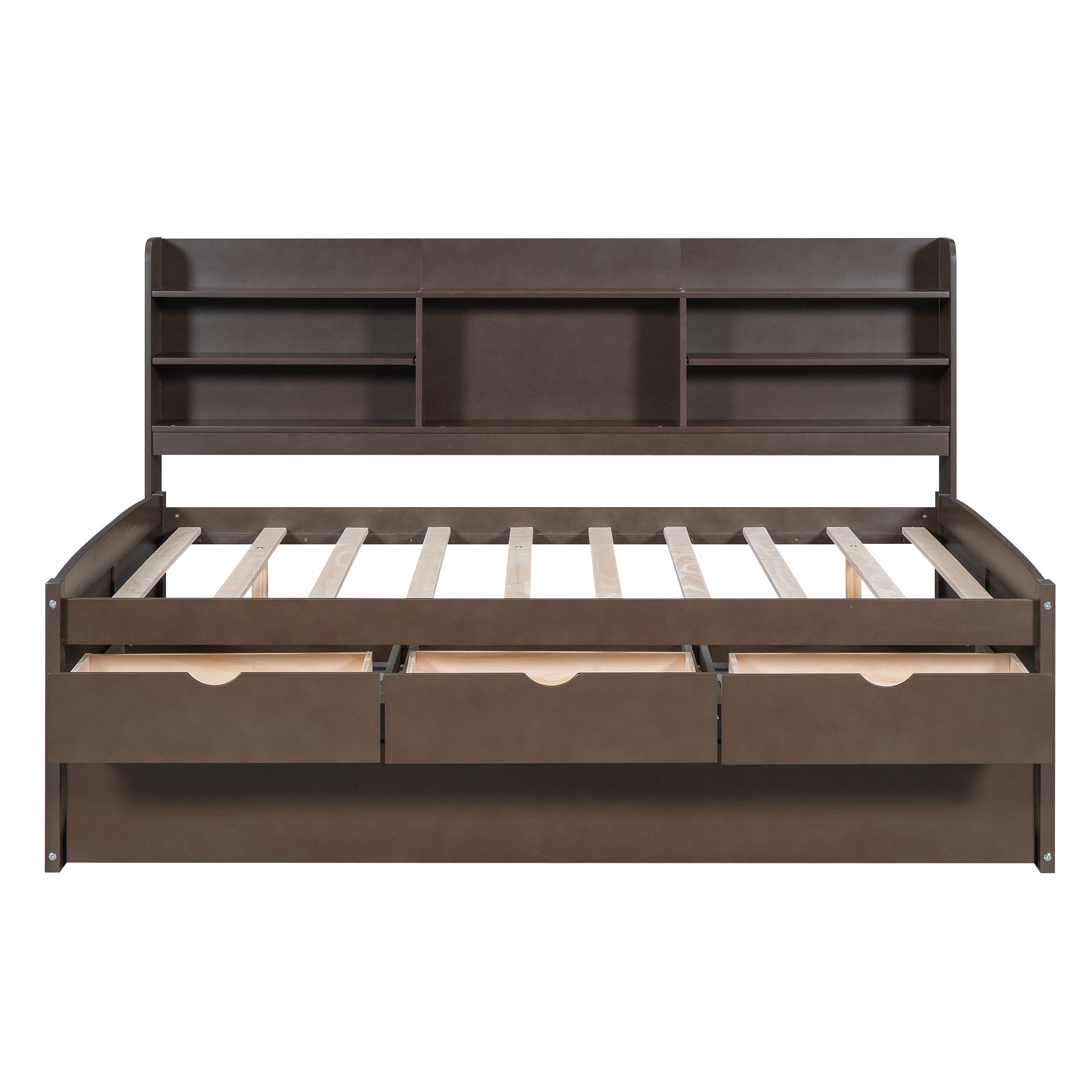 Dark brown wooden daybed with three storage drawers and builtin bookshelf headboard
