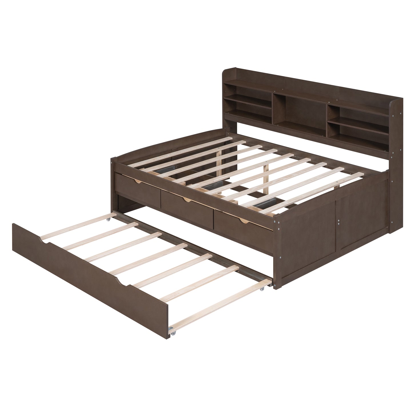 Brown wooden captains bed with trundle pulled out