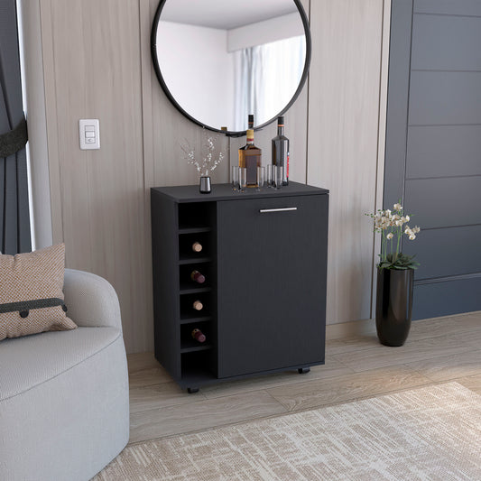 Dark gray modern bar cabinet with builtin wine rack and stainless steel handle