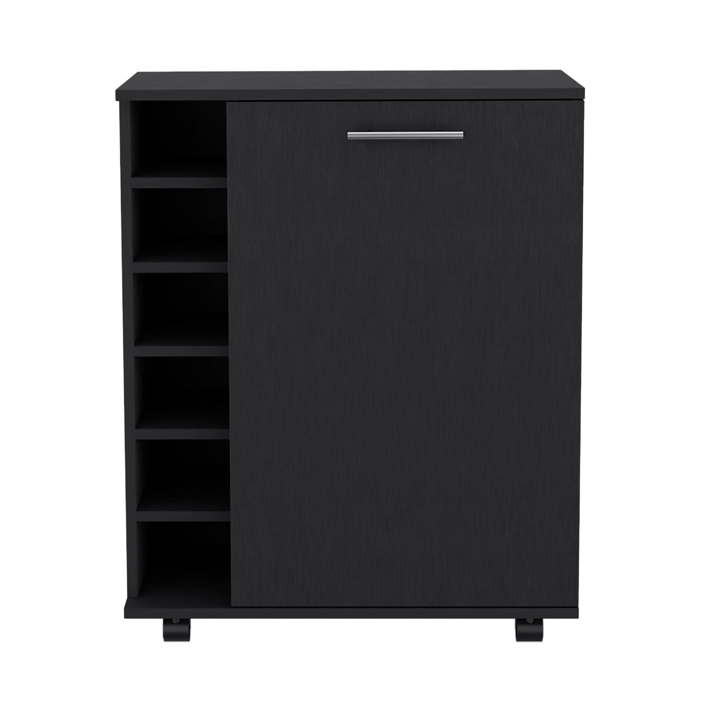 Black modern storage cabinet with open shelves and a cabinet door