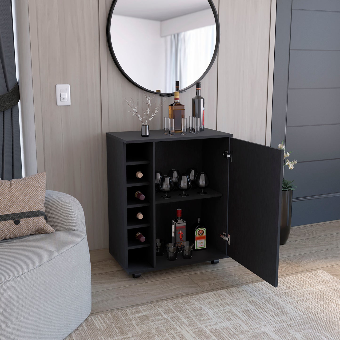 Compact black bar cabinet with wine rack and glass storage