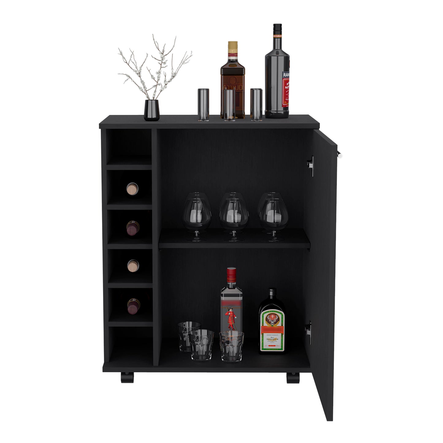 Black bar cabinet with wine rack and liquor bottles