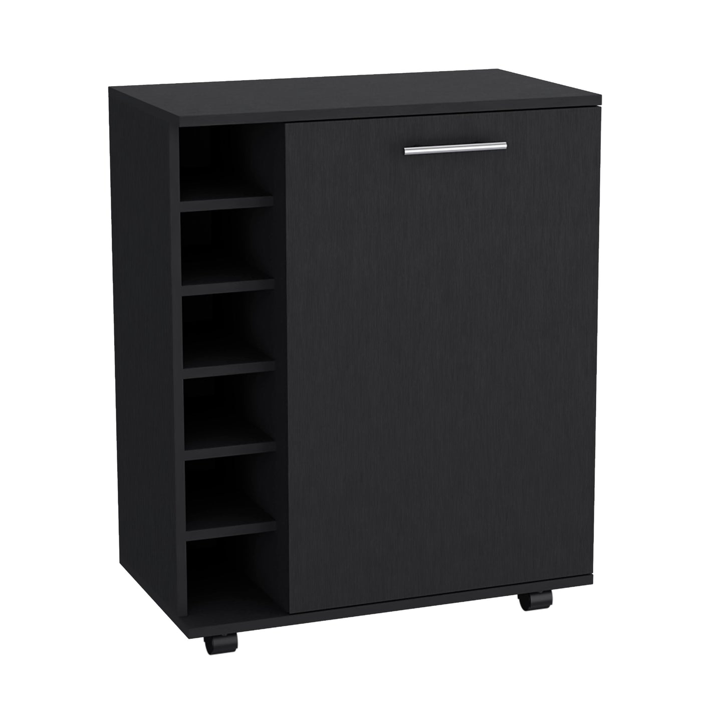 Black storage cabinet with  open shelves and a single door with a silver handle