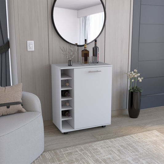 White modern bar cabinet with wine rack and door