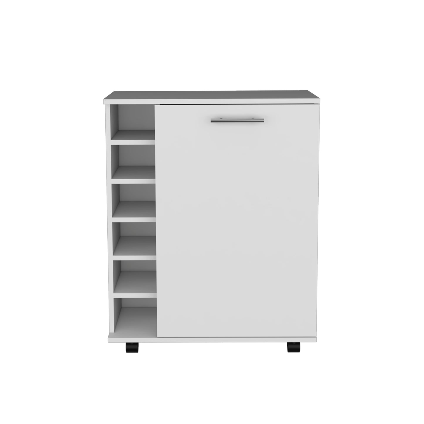 White rolling cabinet with seven shelves on the left and a single door with a chrome handle on the right