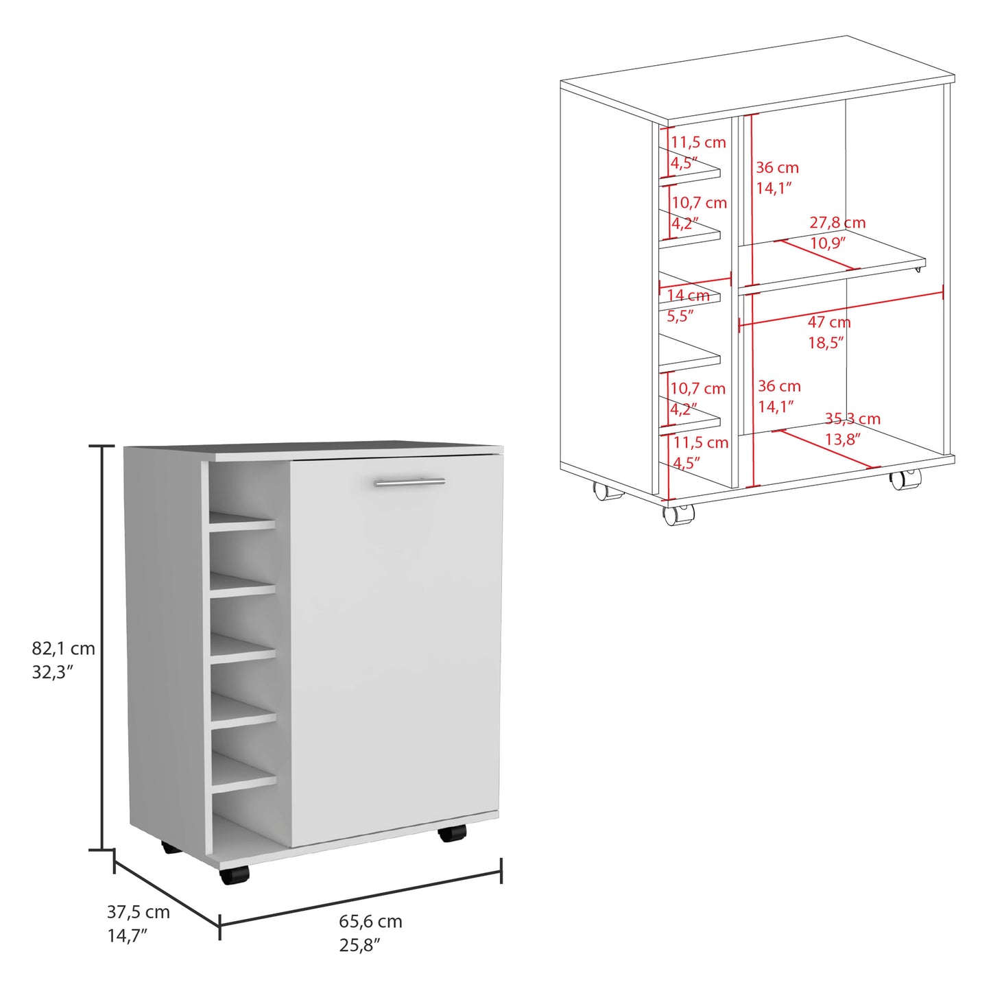 White rolling bar cart with wine rack and cabinet