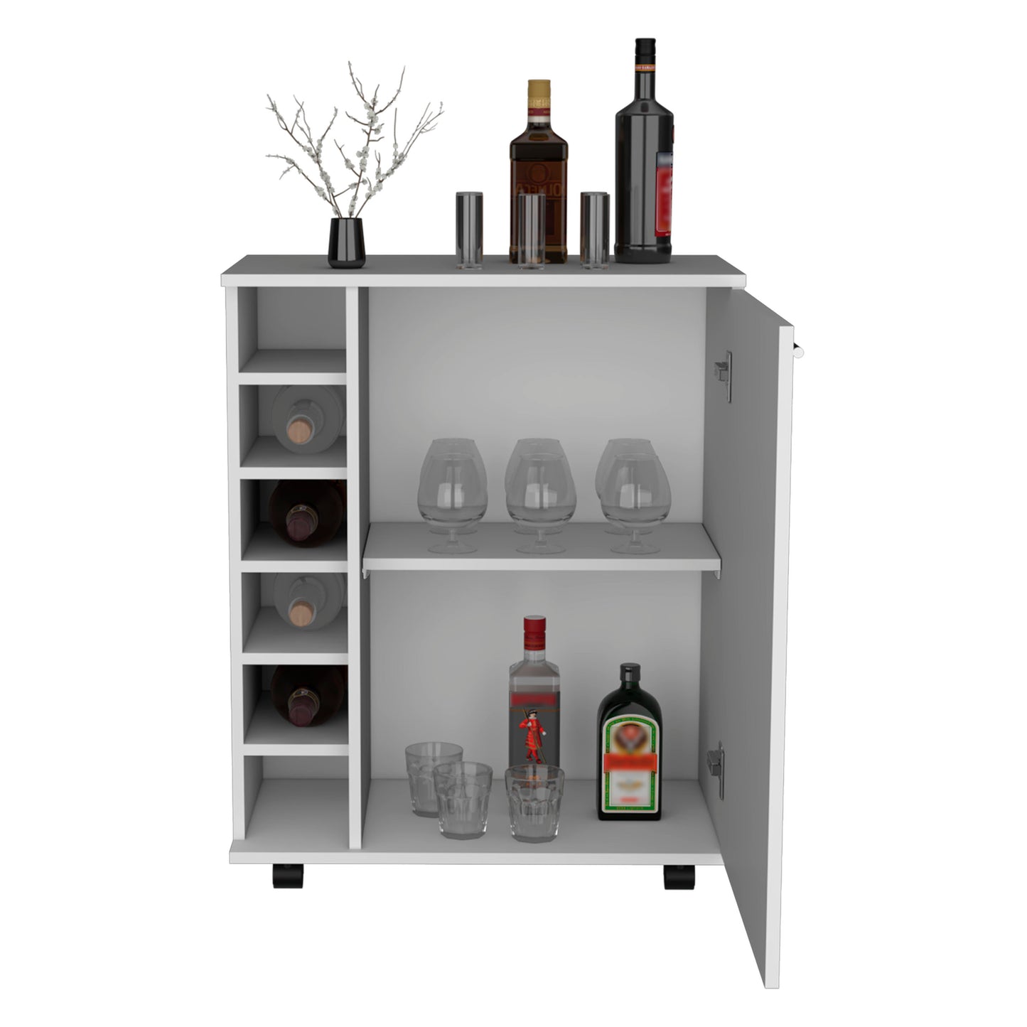 White bar cabinet with wine rack and glassware
