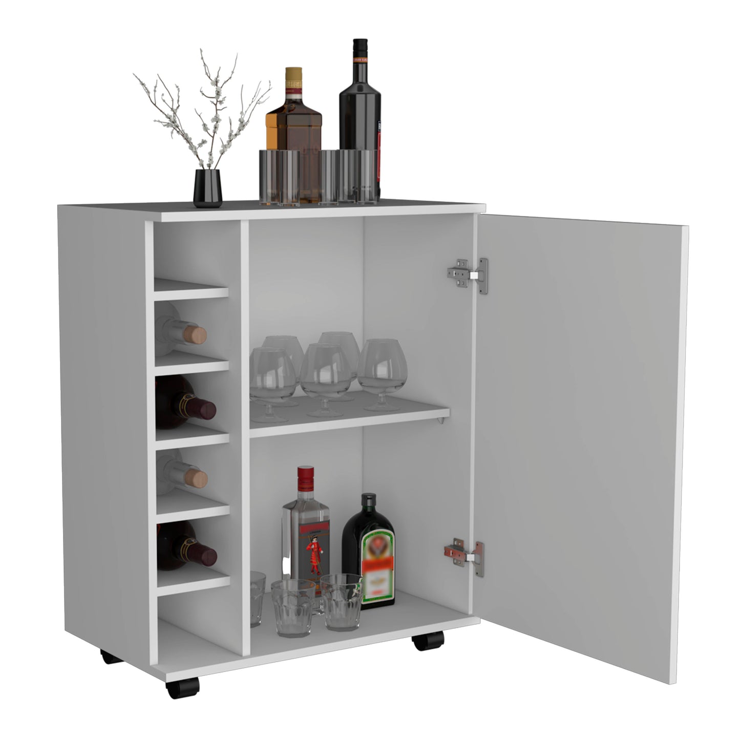 White mobile bar cabinet with wine rack and glasses