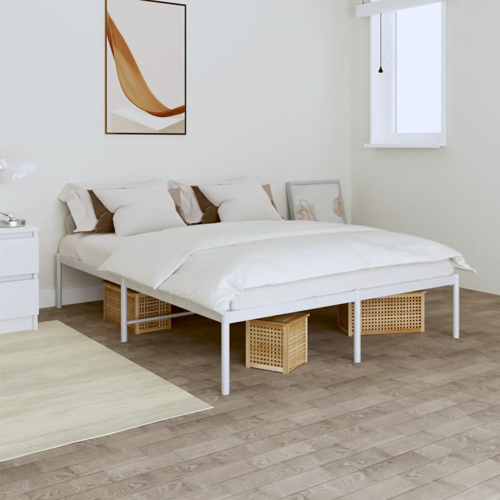 Modern white metal queen bed frame with upholstered headboard and storage drawers