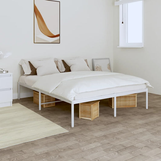 Modern white metal queen bed frame with upholstered headboard and storage drawers