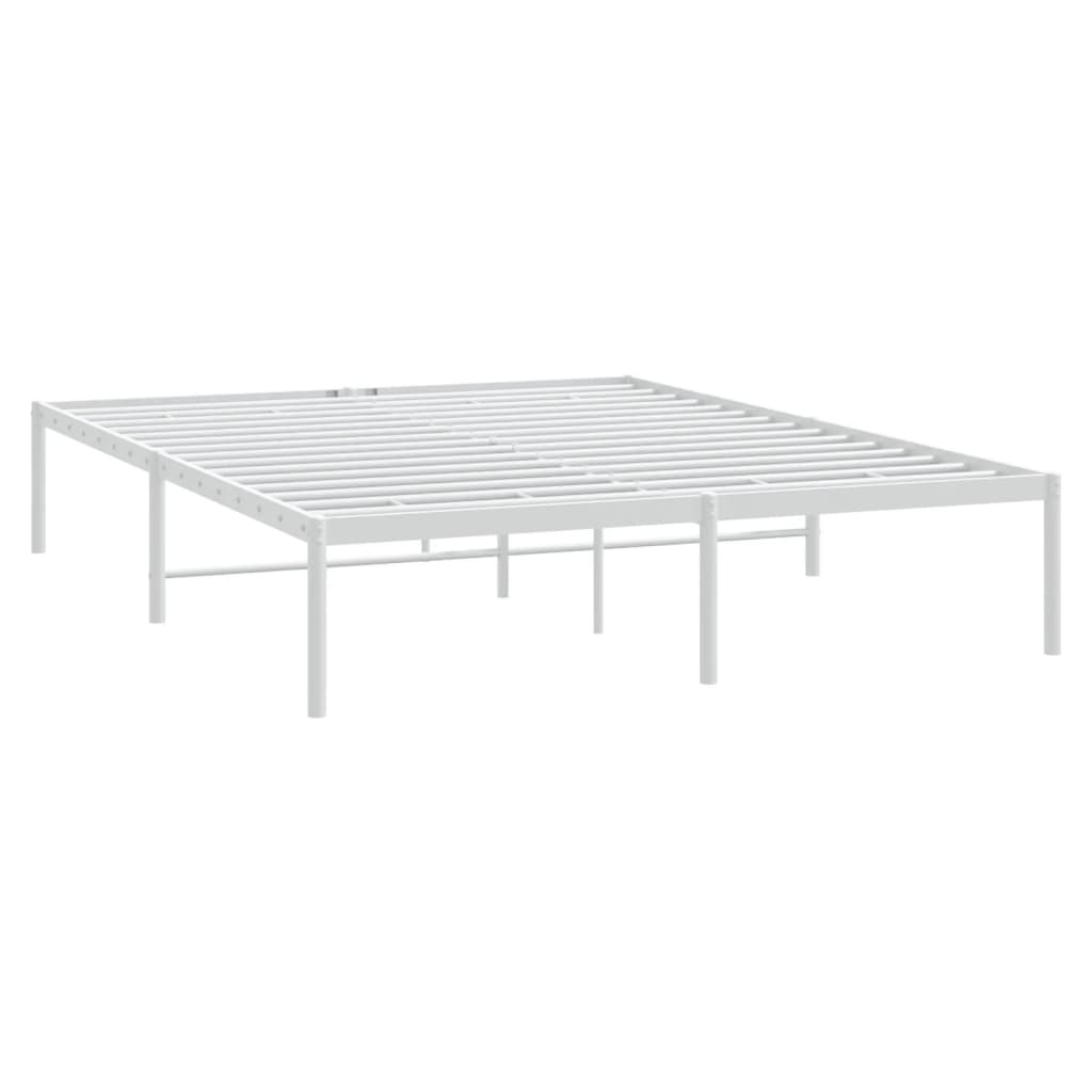 Minimalist white metal bed frame with a fitted sheet