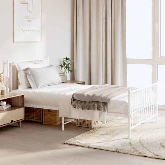 White metal twin bed frame with slatted headboard and footboard