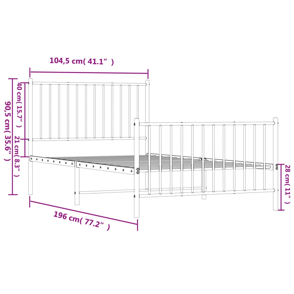 White metal twin bed frame with vertical slatted headboard and footboard