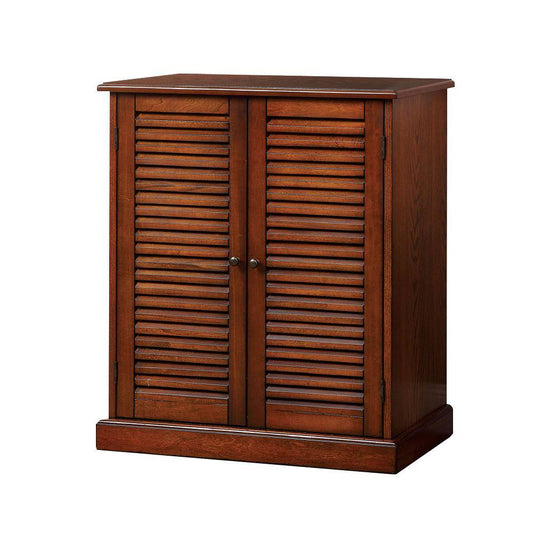 Dark brown wooden cabinet with louvered doors
