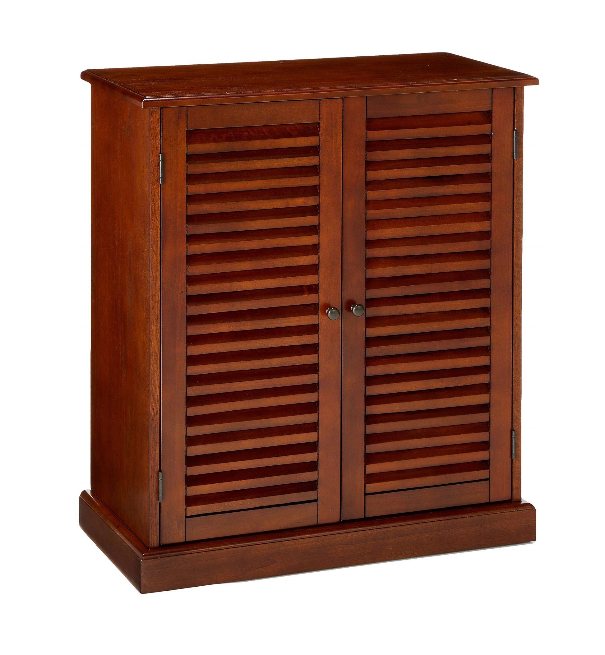 Brown louvered storage cabinet with brushed nickel knobs