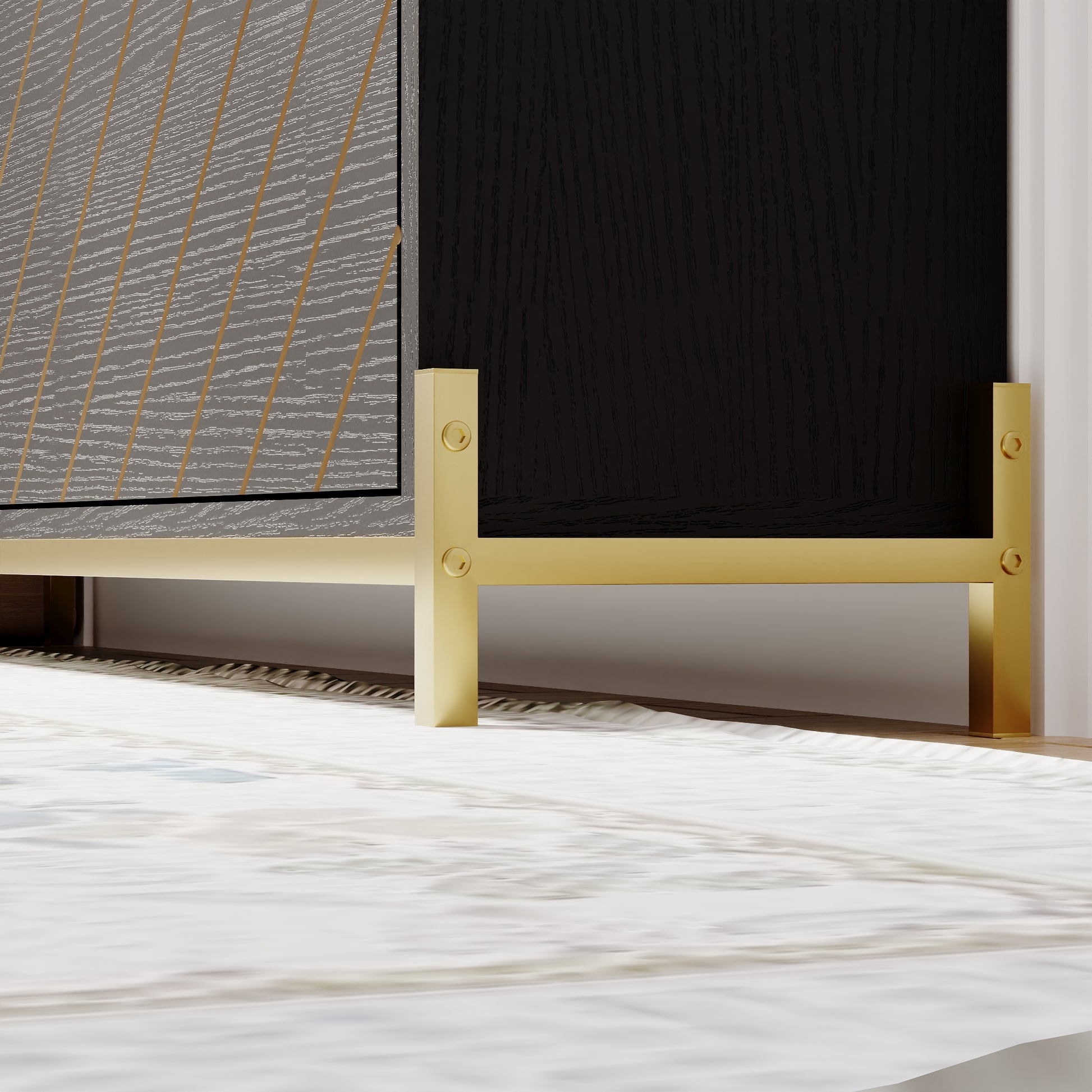 Modern room divider screen with dark wood panel and gold frame