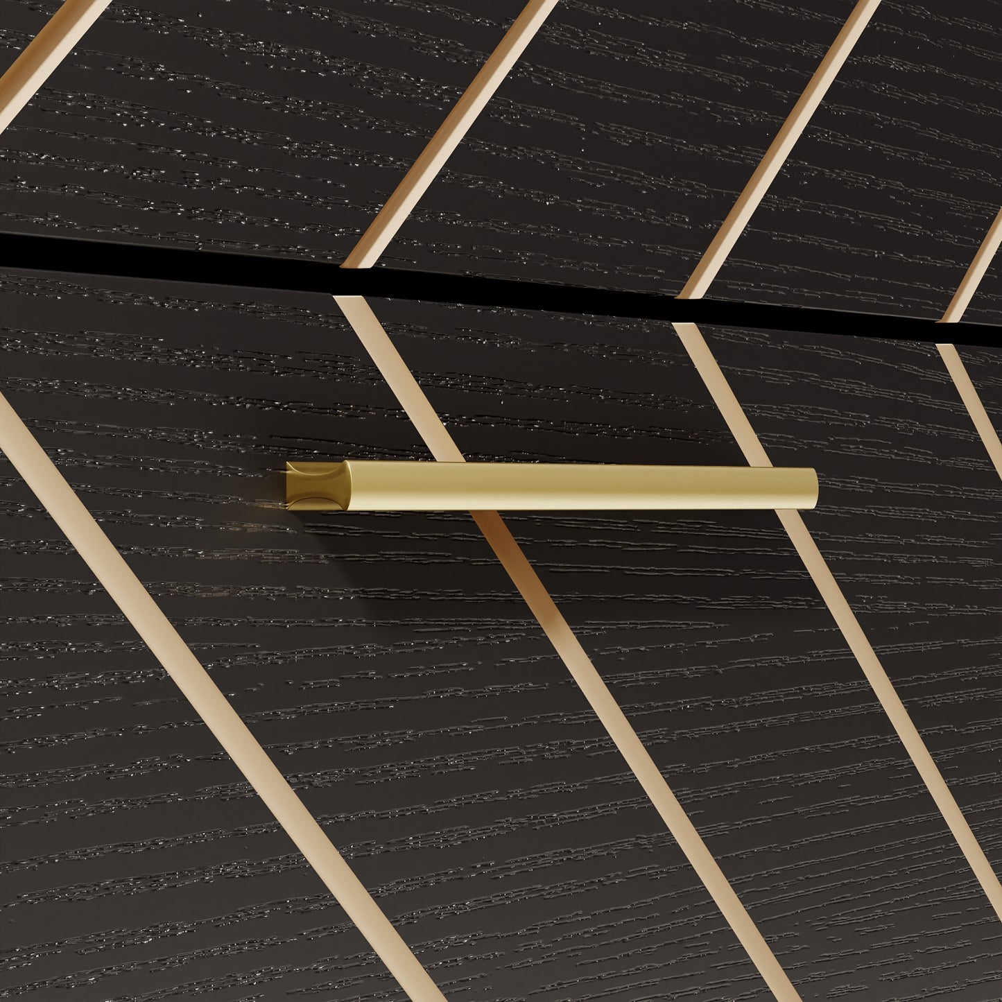 Black textured wood drawer with brushed brass bar pull